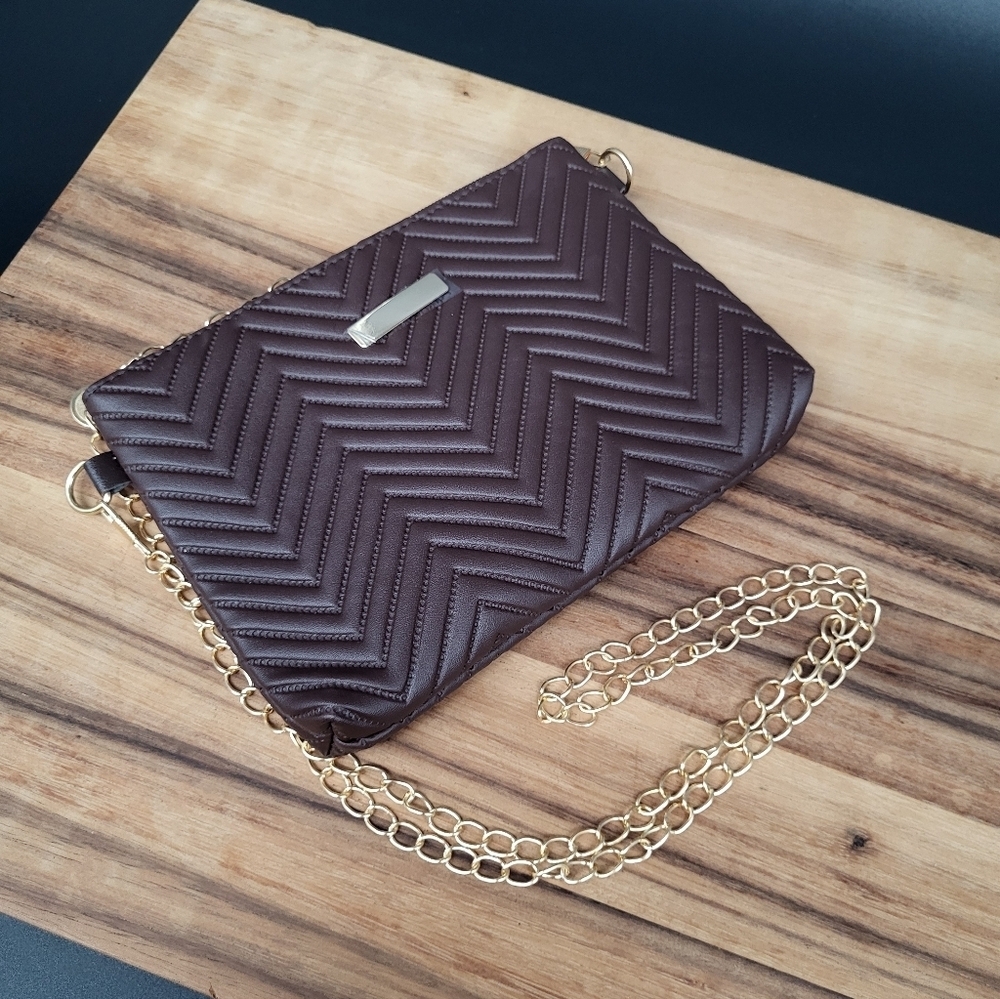 Brown Chevron Pattern Bag With Gold Tone Accents & Detachable Chain Strap, NWOT